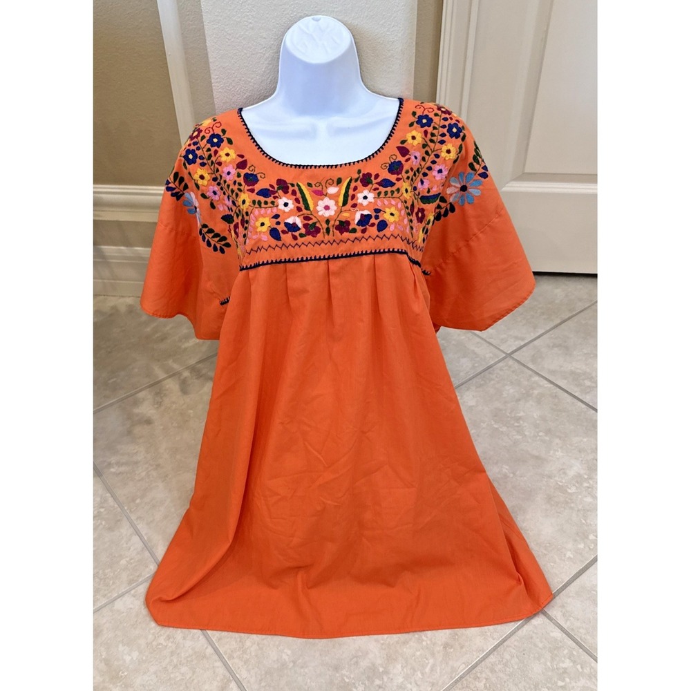 Vtg Artesanias FR Orange Mexican Huipil Hand Embroidered Folk Art Tunic XL Boho